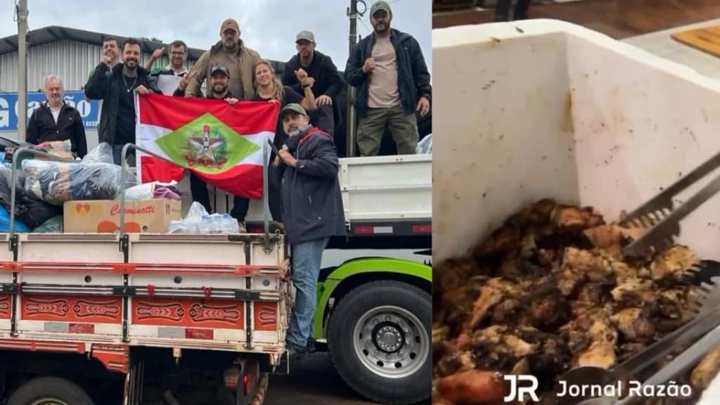 “Gaúcho gosta de churrasco”: catarinenses fazem refeição em abrigo para 400 famílias no RS