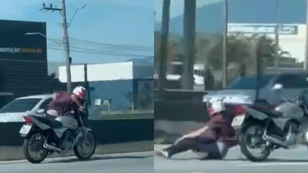 VÍDEO: Motoqueiro tenta “manobras complexas” e cai com violência na BR-101