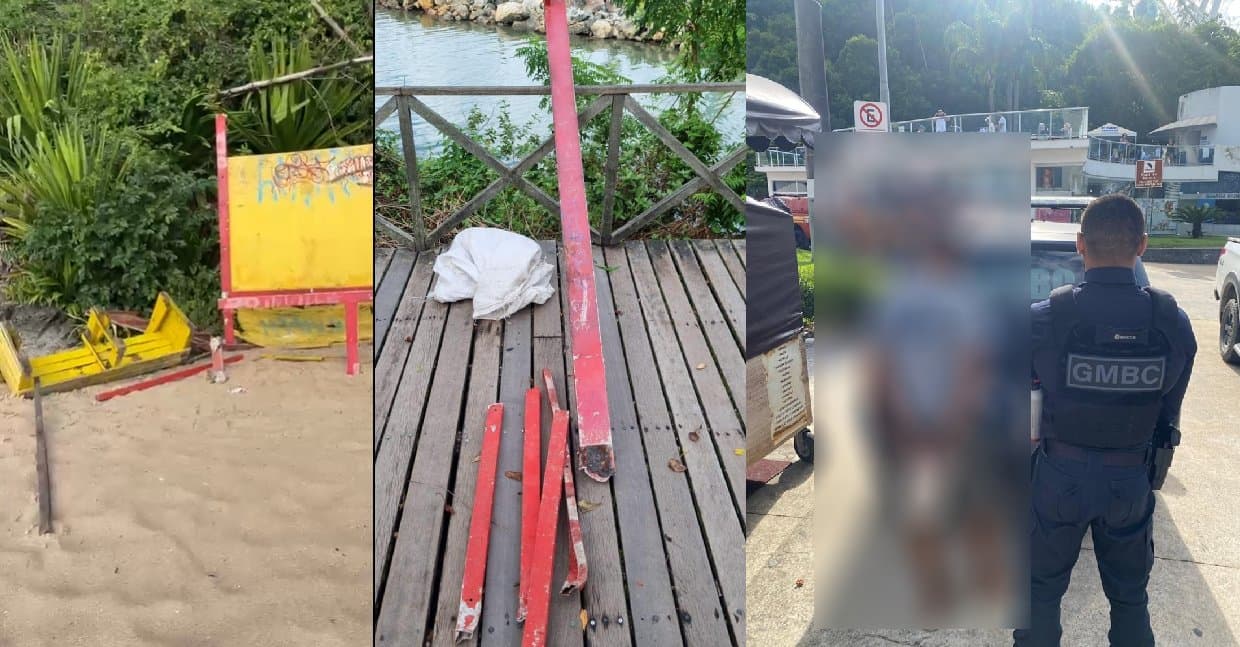 Homem usa pedaço de madeira para destruir posto de salva-vidas e furtar materiais