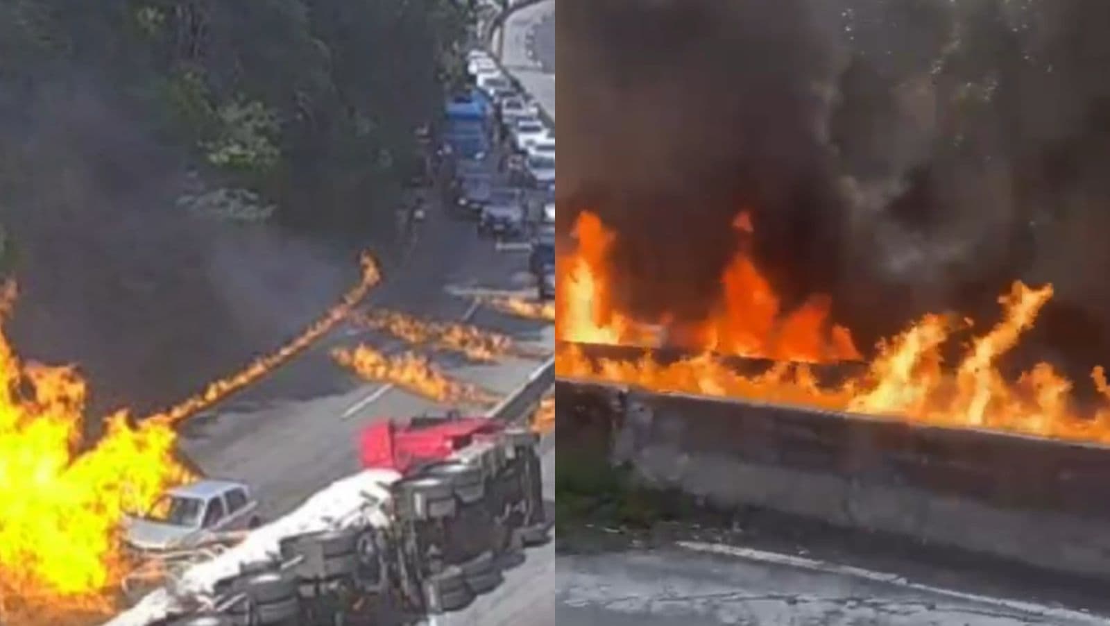 “BR-101 em chamas”: Carreta com combustível tomba e pega fogo no Morro dos Cavalos em Palhoça