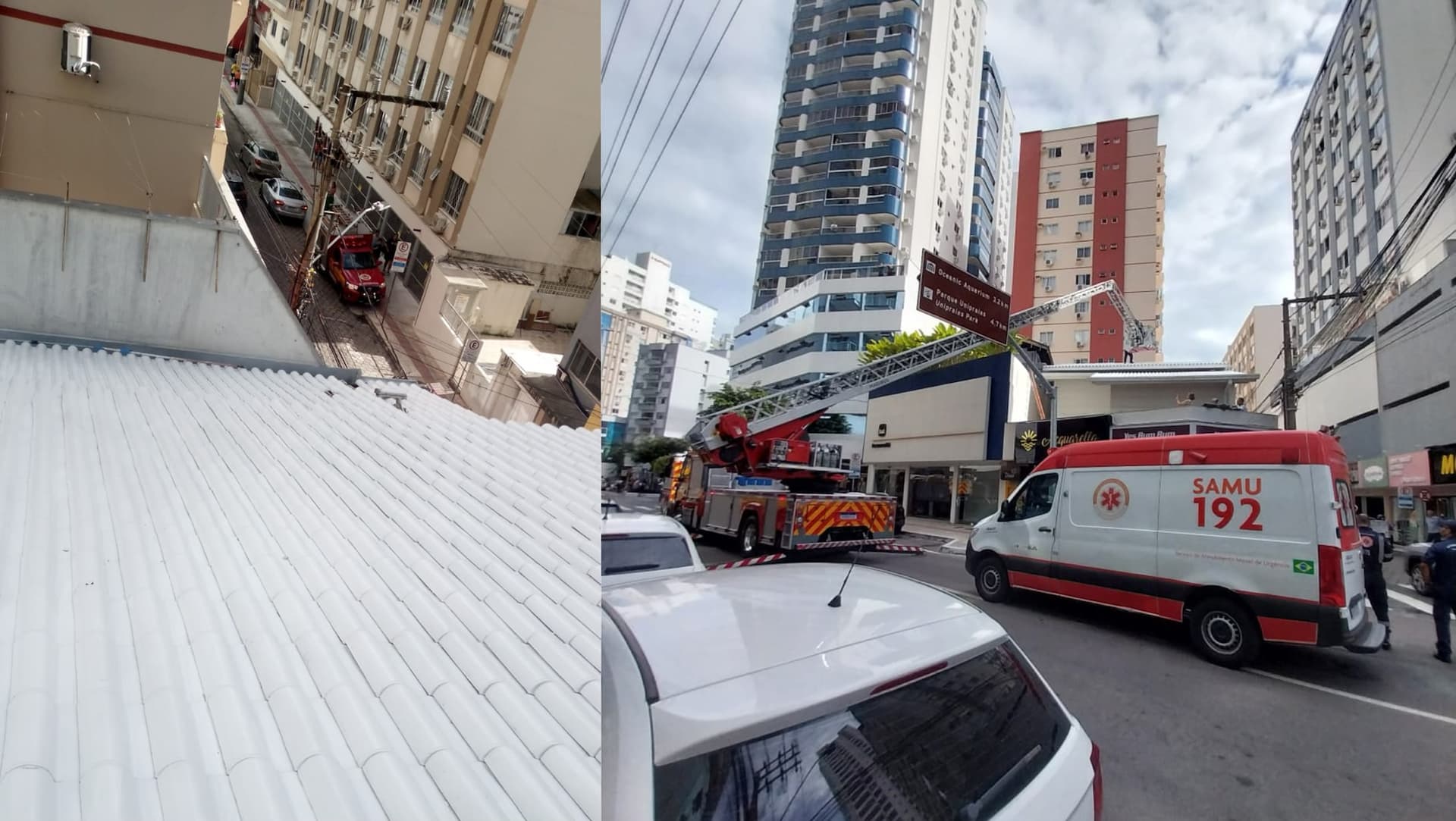 Choque elétrico em cima de telhado mobiliza bombeiros e termina com resgate aéreo em Balneário Camboriú