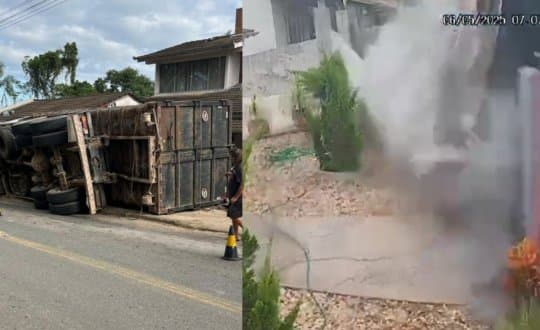Caminhão carregado com entulhos tomba e destrói parte de casa em Itajaí