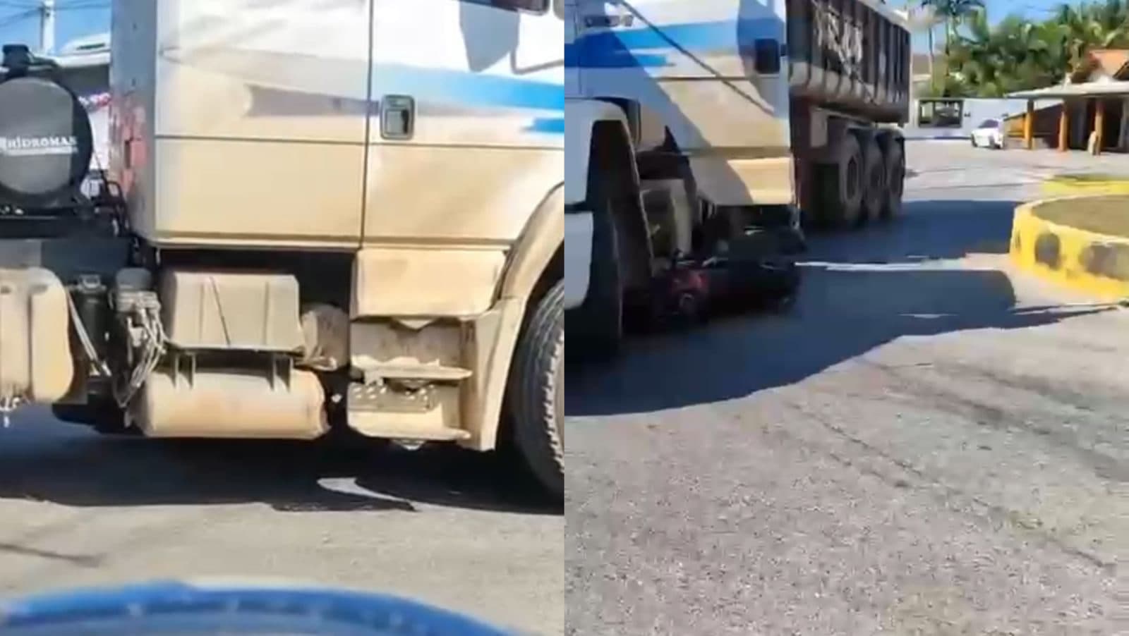 Moto vai parar embaixo de caminhão após acidente em Tijucas