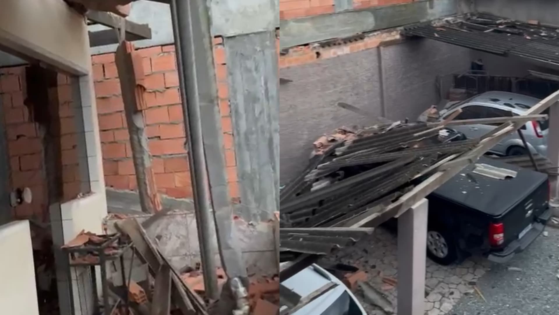 Vento forte derruba estrutura de prédio sobre residência e veículos em Penha