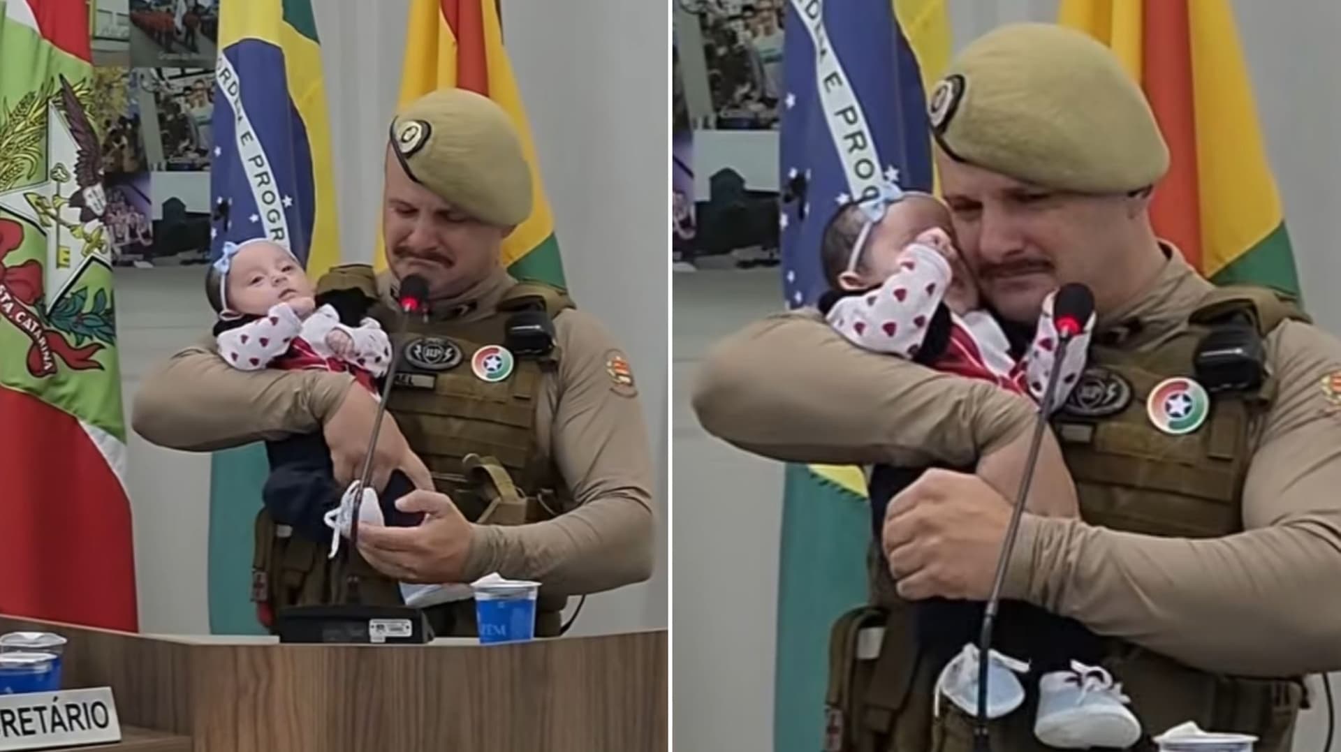 “Sou pai”: cabo da PMSC se emociona ao segurar no colo a bebê de 45 dias que salvou