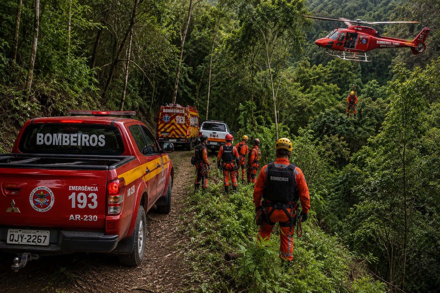 Homem perdido em mata é resgatado por helicóptero após operação com rapel em Blumenau