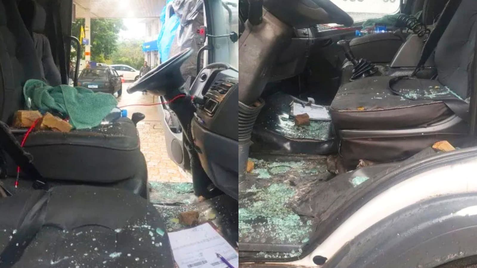 Com rosto, orelha e pescoço feridos após rocha atingir caminhão em SC, motorista dirige até posto para pedir ajuda