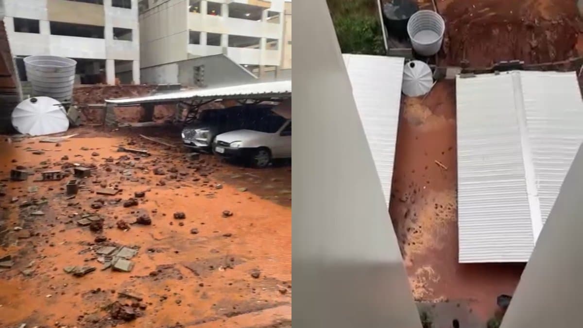 VÍDEO: Muros desabam, onda de lama invade garagem de prédio e arrasta carros em Chapecó