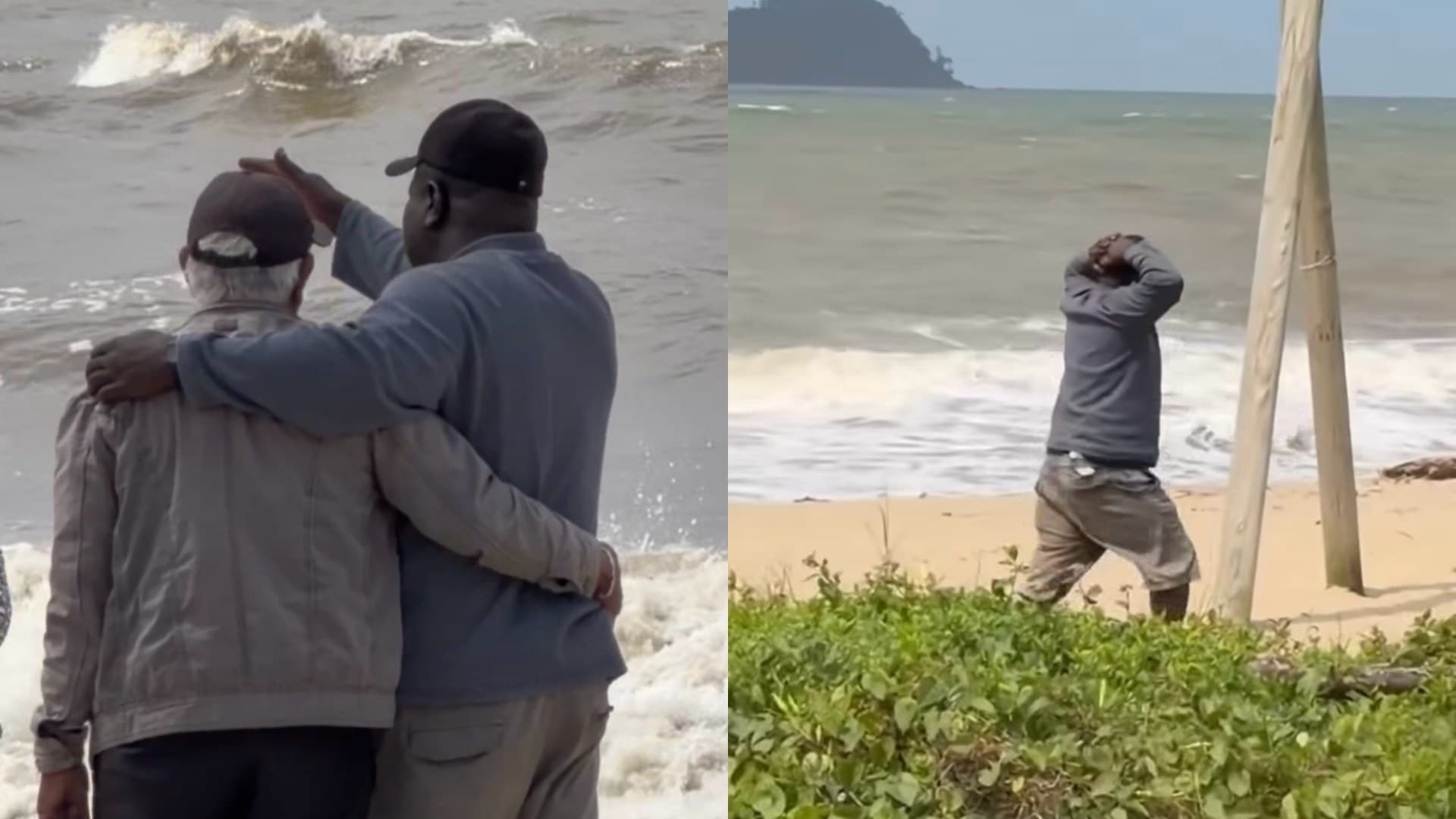 Pai abraçado a um homem diante do mar e com as mãos na cabeça na areia em Balneário Piçarras durante as buscas pelo filho