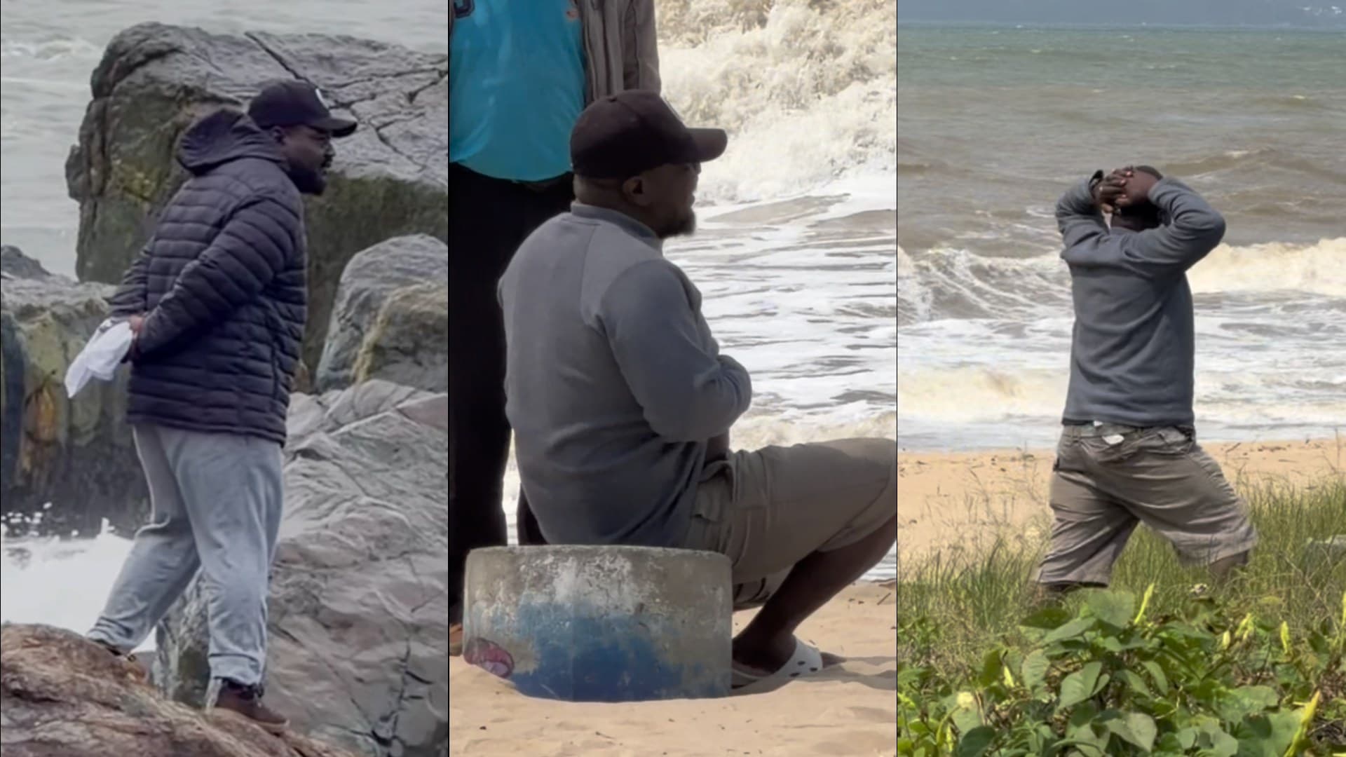 Pai do menino desaparecido nas pedras e na areia da praia de Balneário Piçarras olhando para o mar durante as buscas