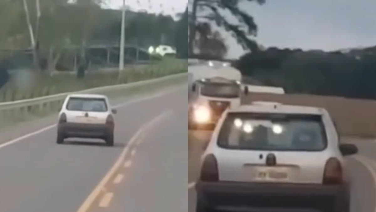 “Podre de bêbado”: motorista roda na contramão de BR e escapa por pouco de colisão frontal com caminhão em SC