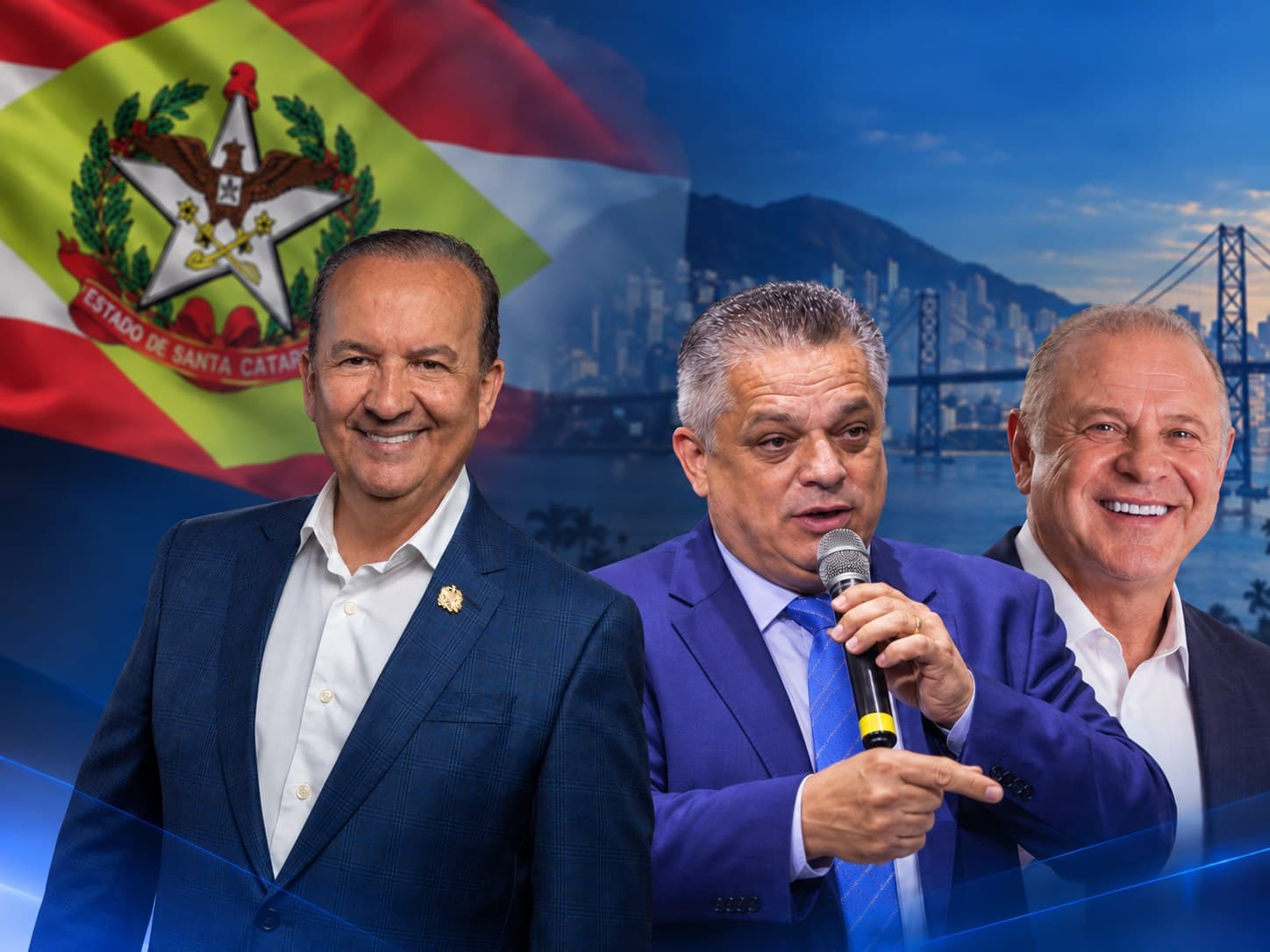 Montagem com Jorginho Mello, Gelson Merisio e Joao Rodrigues sobre a bandeira de Santa Catarina