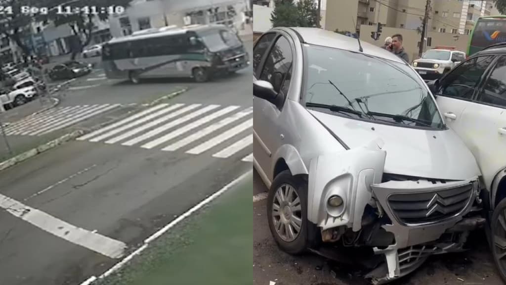 VÍDEO: Ônibus não para em cruzamento e arrasta 5 veículos em SC