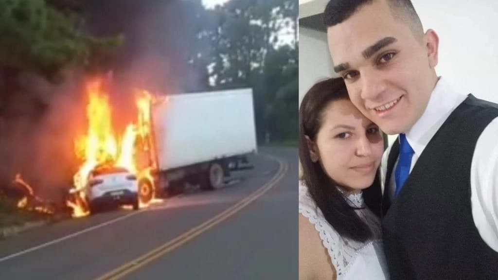 Casal morre carbonizado após colisão frontal entre carro e caminhão na SC 135