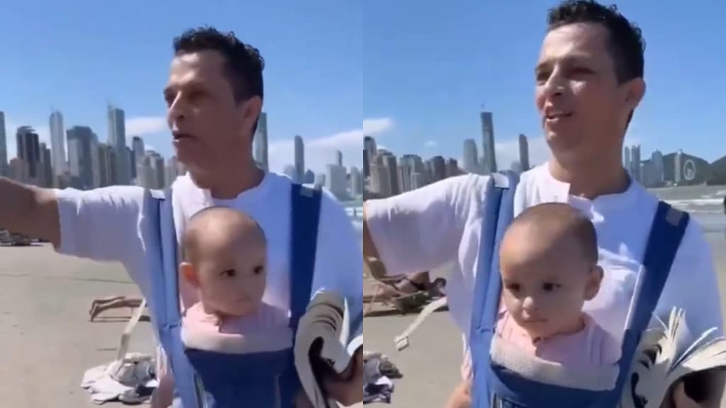 VÍDEO: “Pregador” com bebê no Sol causa polêmica em praia de Balneário Camboriú