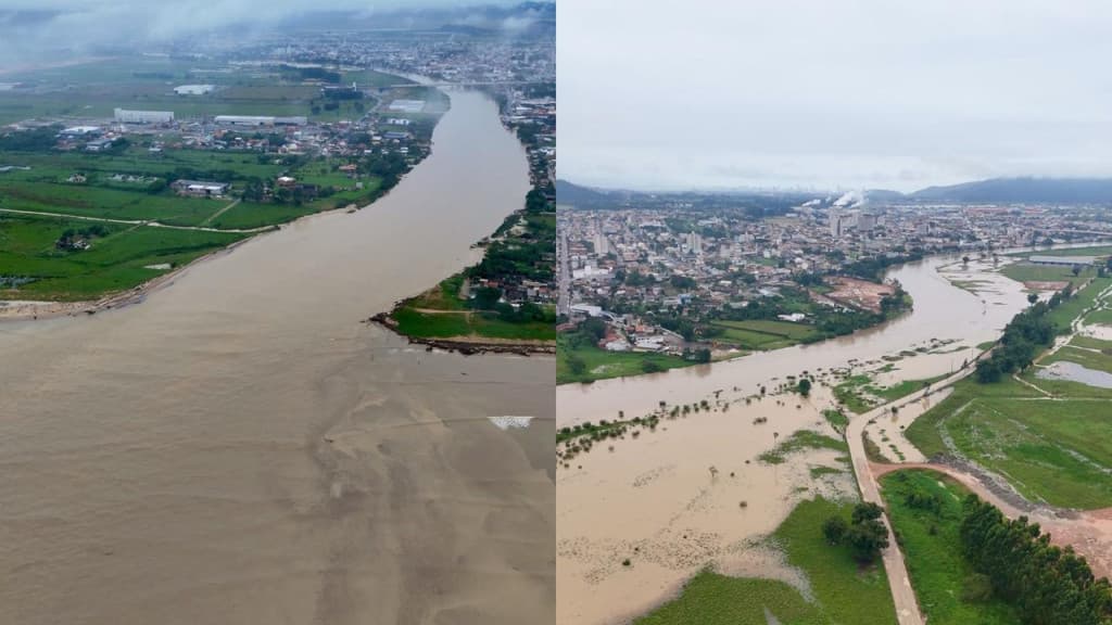 Imagens aéreas mostram o Rio Tijucas na Capital do Vale: “baixando rapidamente”