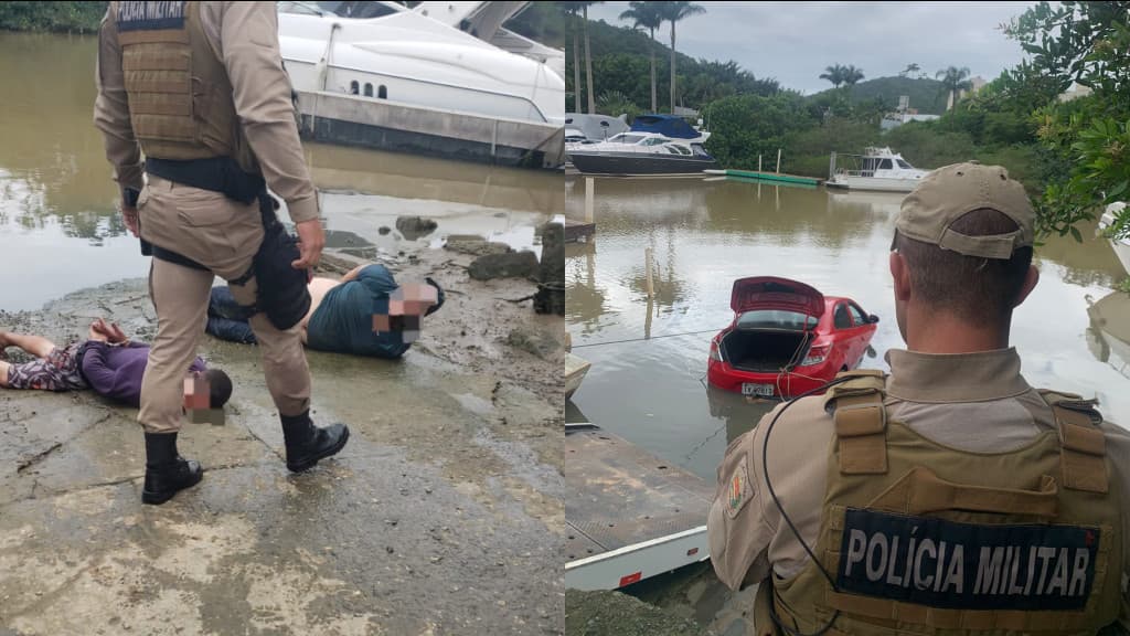 “Achei que era GTA”: bêbados roubam carro em Itapema, fogem da polícia e acabam dentro de rio