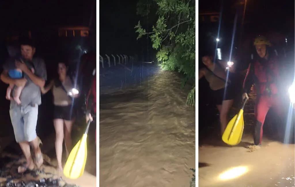 Rio transborda e famílias são resgatadas de casas alagadas pelos bombeiros em SC