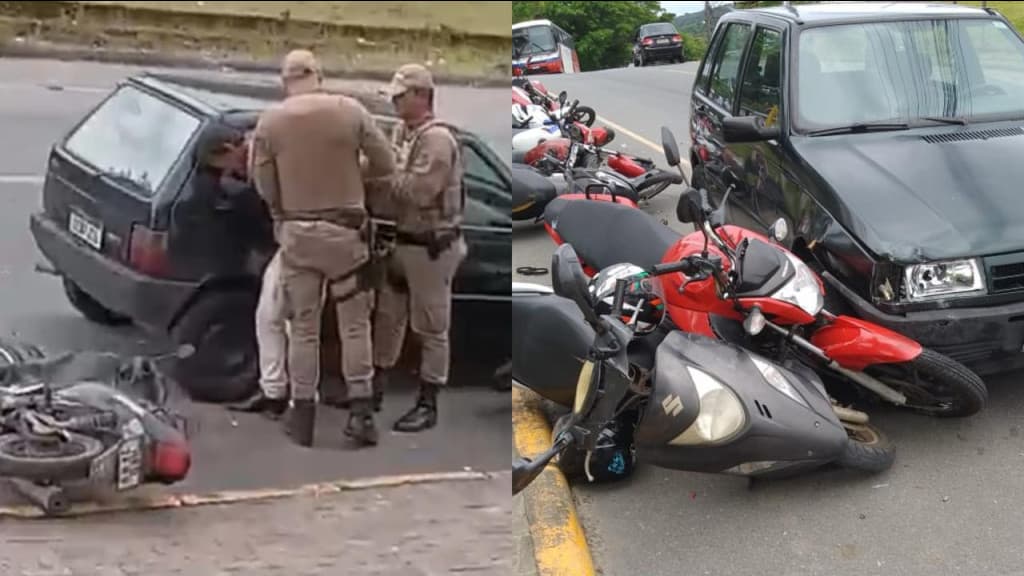Uno escapa quase intacto após motorista fazer “boliche” com 9 motos, em Penha