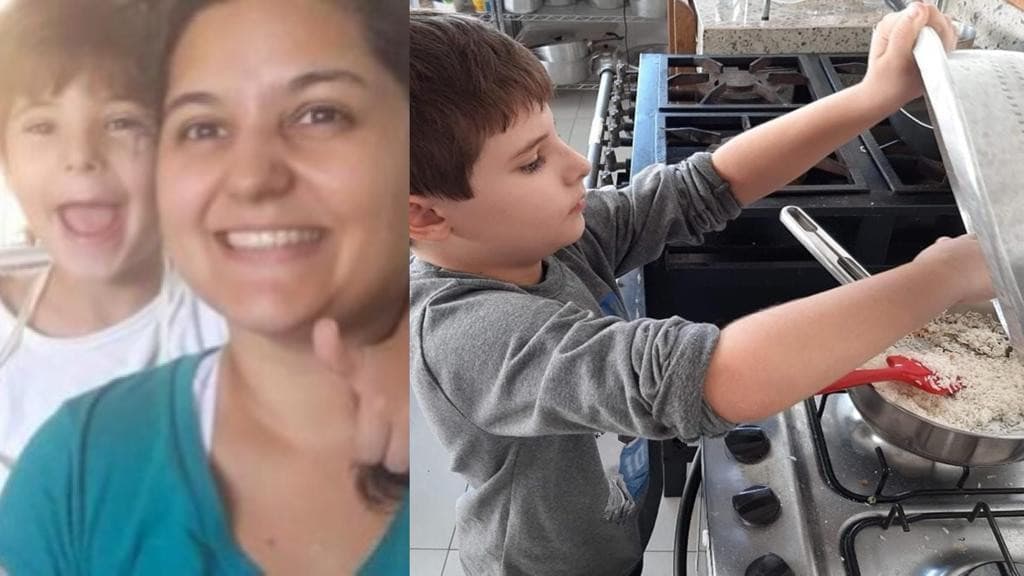 Mãe ensina menino de 10 anos a cozinhar para não depender de ninguém