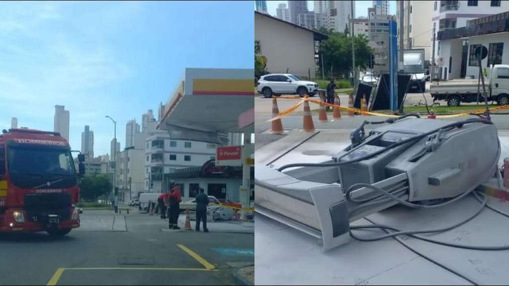 Bomba pega fogo após mulher sair com o carro antes de terminar o abastecimento, em Balneário Camboriú