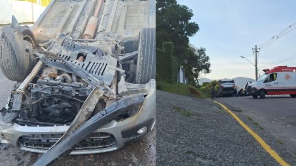 Condutora fica ferida após bater carro em barranco e capotar em Itapema