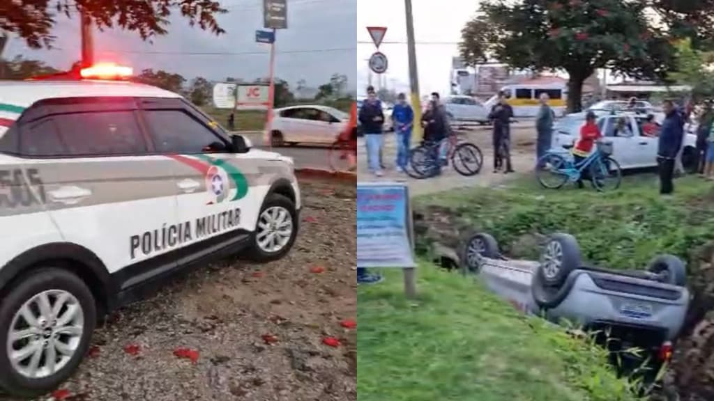 AGORA: Carro capota e acaba dentro de vala em Tijucas