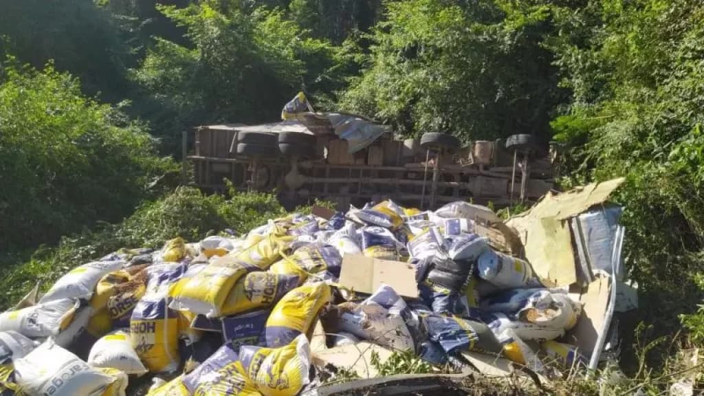 Caminhão carregado de rações sai da pista e mata duas pessoas na Serra Cambará