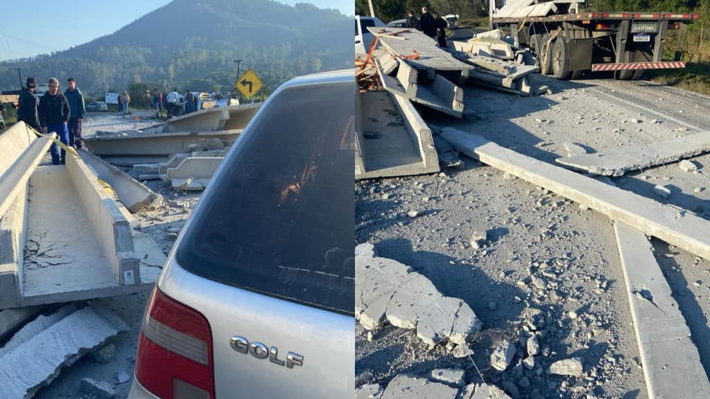 URGENTE: Carros são esmagados por placas de concreto que caíram de caminhão