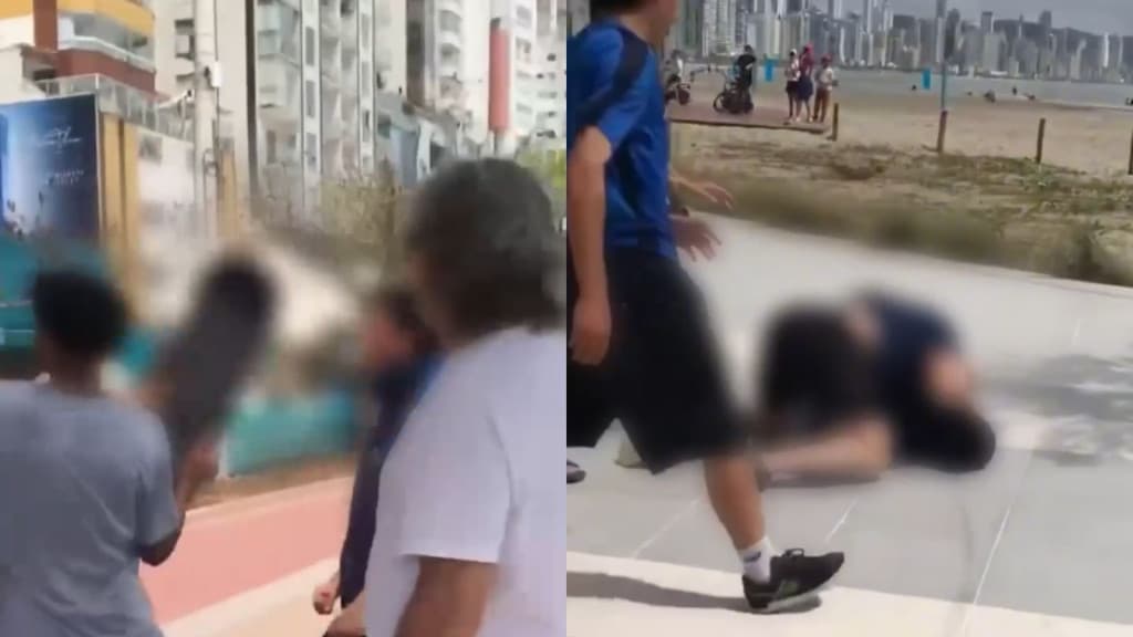 VÍDEO: Idoso se irrita com skates e agride adolescentes em Balneário Camboriú