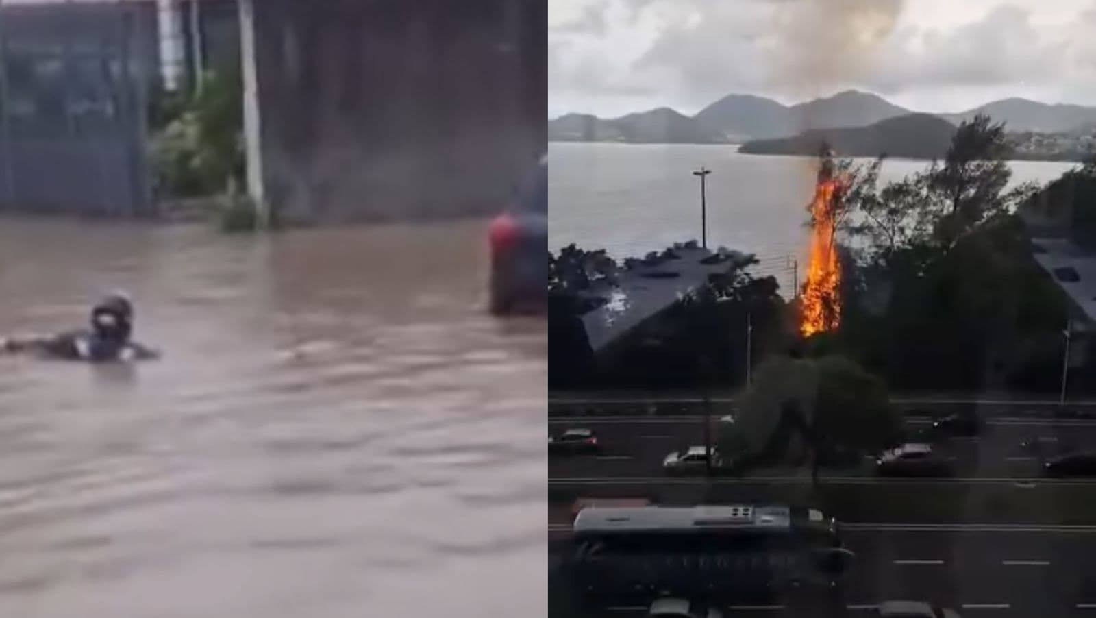 Chuva castiga cidades do Litoral catarinense com alagamentos e raio faz árvore pegar fogo