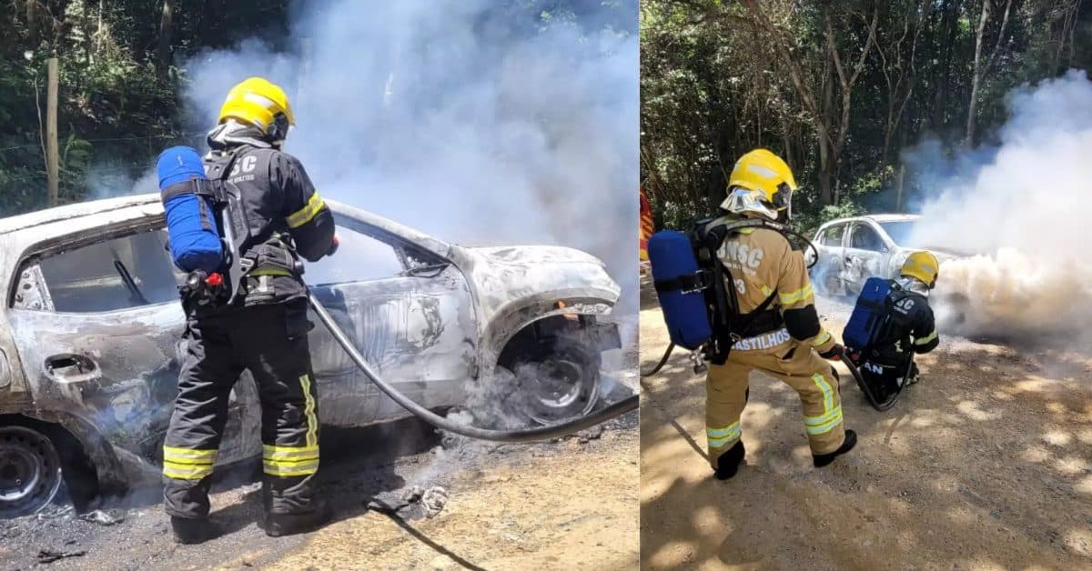 Carro pega fogo na subida do Morro da Antena, em Porto Belo