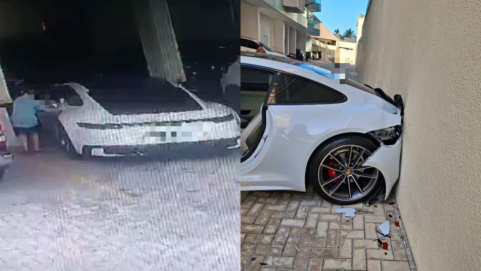 Menino “testa” Porsche de luxo, dá ré e bate em muro de condomínio em SC