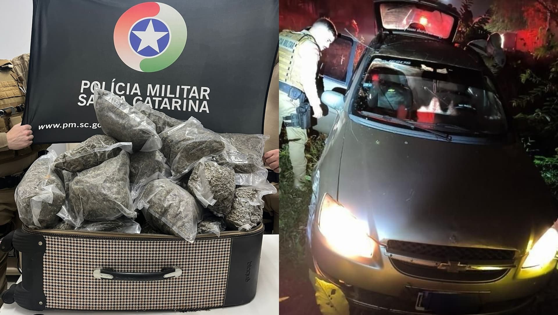 Dupla foge da PM com carro argentino e é pega com 20 kg de maconha um SC