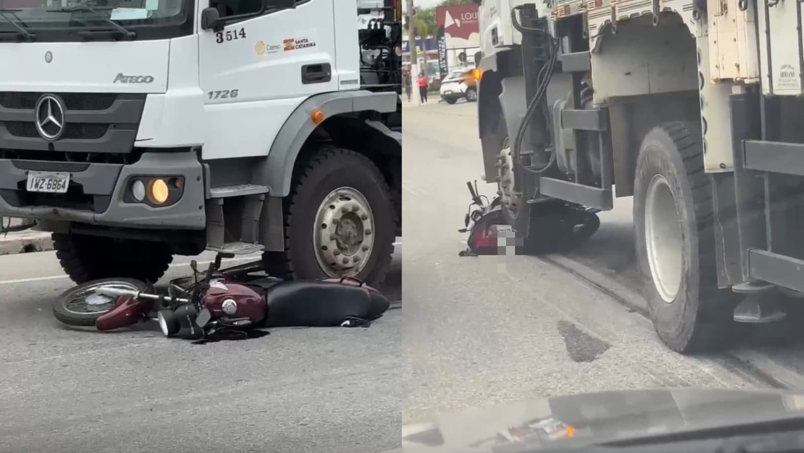 Agora em Tijucas: motociclista escapa praticamente ileso de acidente com caminhão