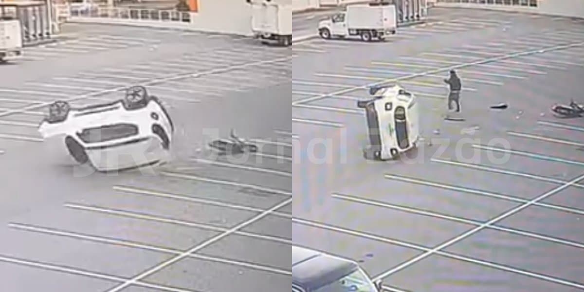 Vídeo: carro atinge moto e capota no estacionamento do Komprão