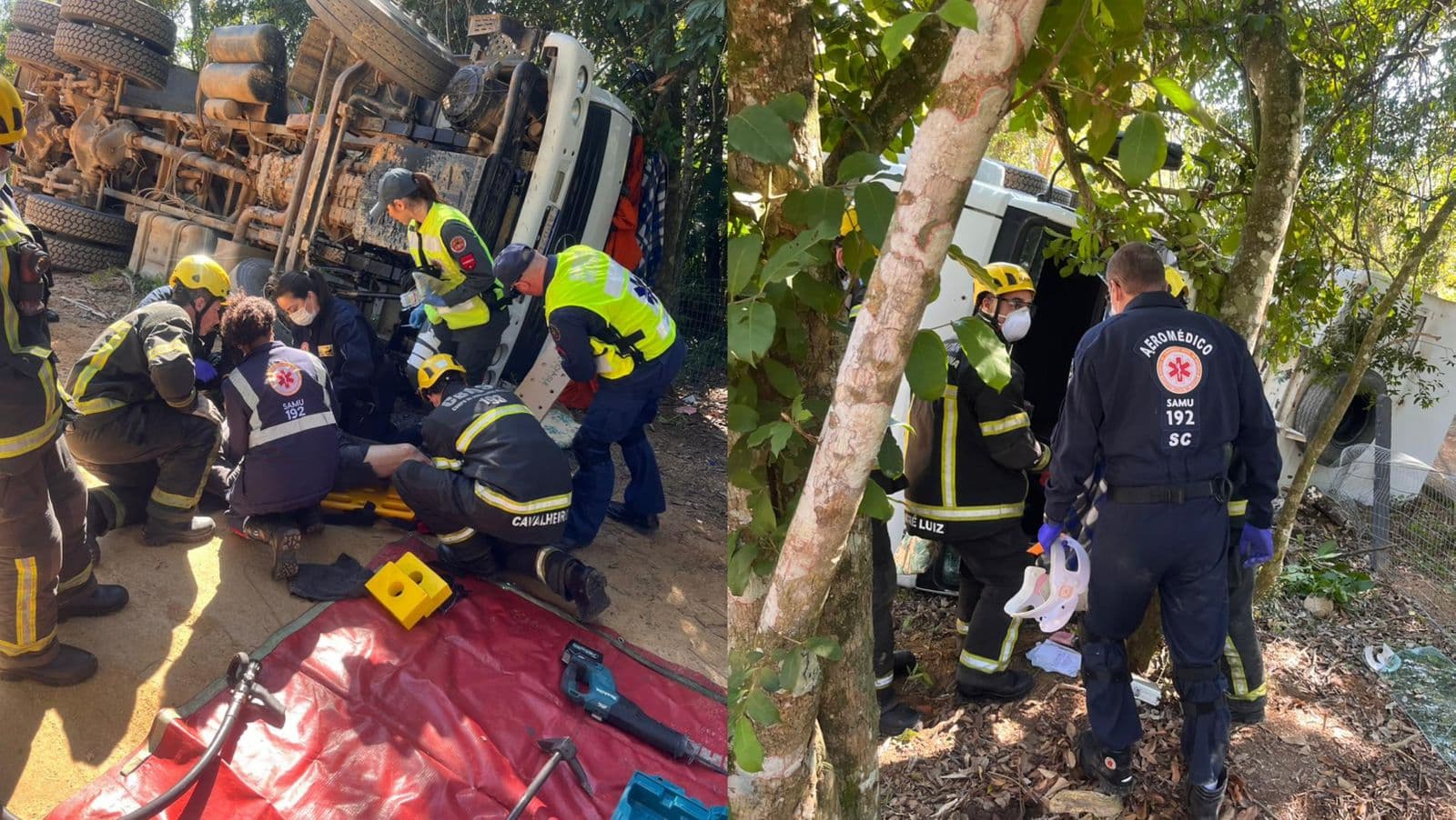 Caminhão capota em barranco durante descarregamento e motorista fica preso na cabine em SC