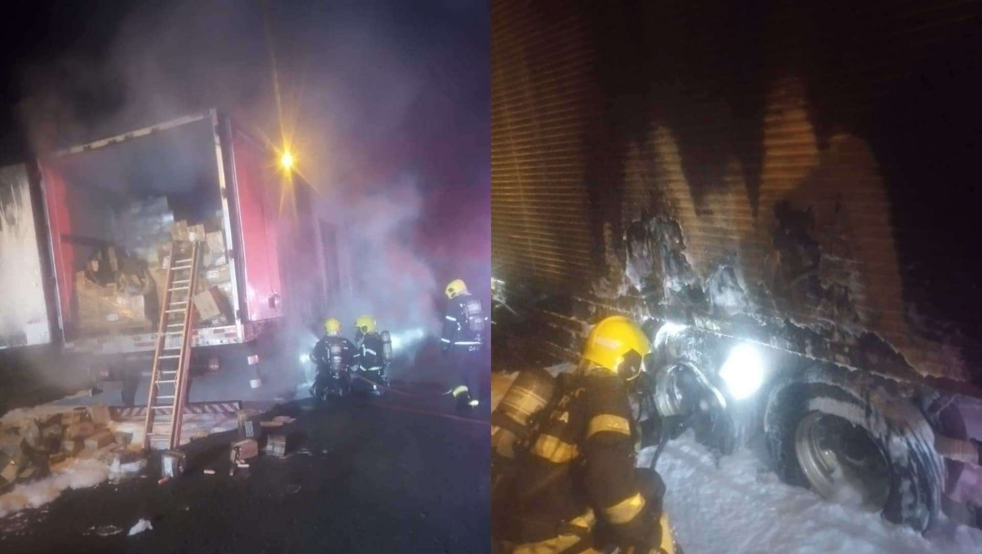 Caminhão carregado de frios pega fogo na BR-101 em Balneário Camboriú