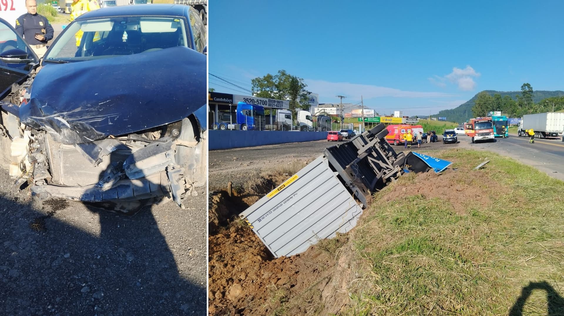 Rodotrem perde parte da carga e tomba após colisão com carro na BR-470