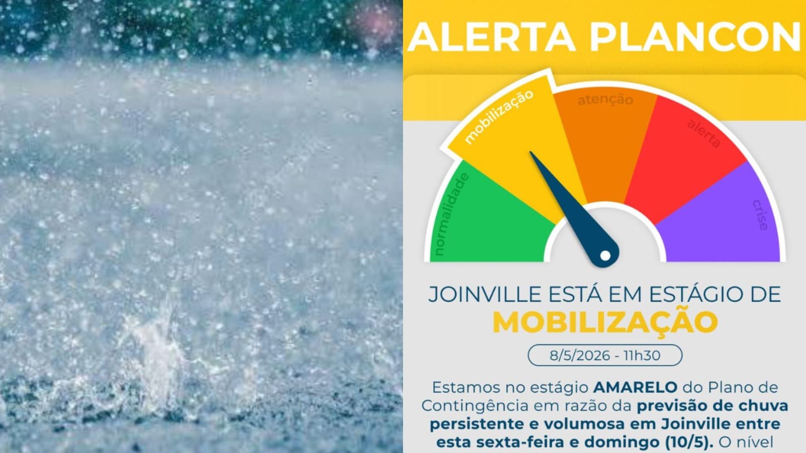 Defesa Civil coloca Joinville em alerta para chuva forte e risco de alagamentos