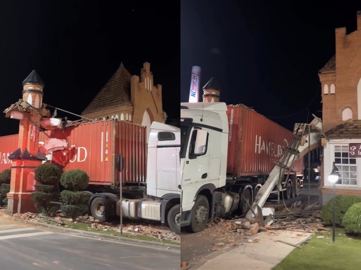 “Achei que passava”: patrimônio histórico tem parte destruída por caminhão com contêiner em SC
