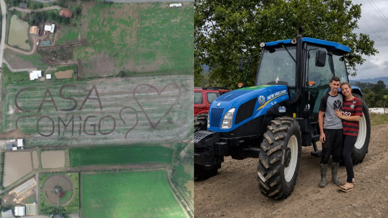 “Dessa vez não é OVNI”: agricultor surpreende namorada com pedido de casamento gigante no campo em SC