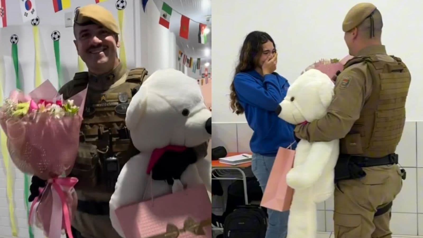 Sargento da PMSC surge fardado no meio da aula com flores e urso e surpreende a filha nos 15 anos