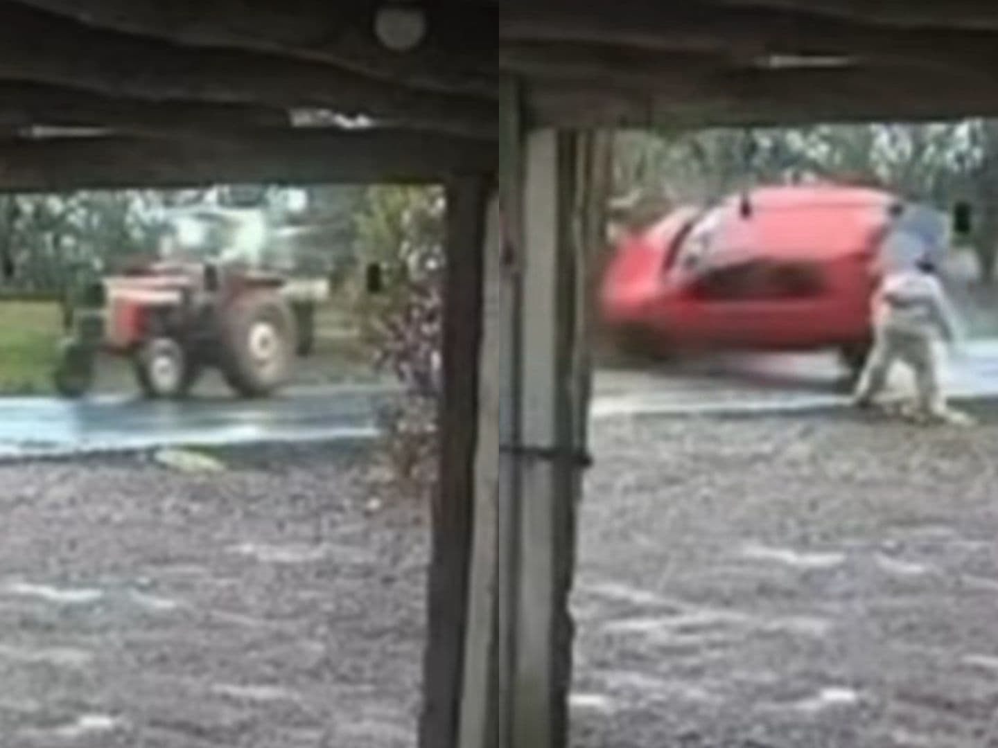 Carro atinge trator parado em estrada de SC, capota e por pouco não atinge agricultor
