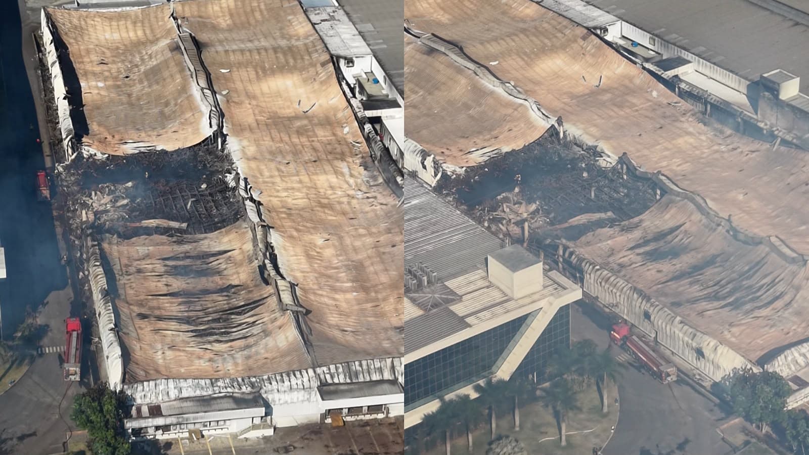 Imagens aéreas mostram o rastro de destruição do incêndio que consumiu parte da fábrica da Colcci, em Itajaí