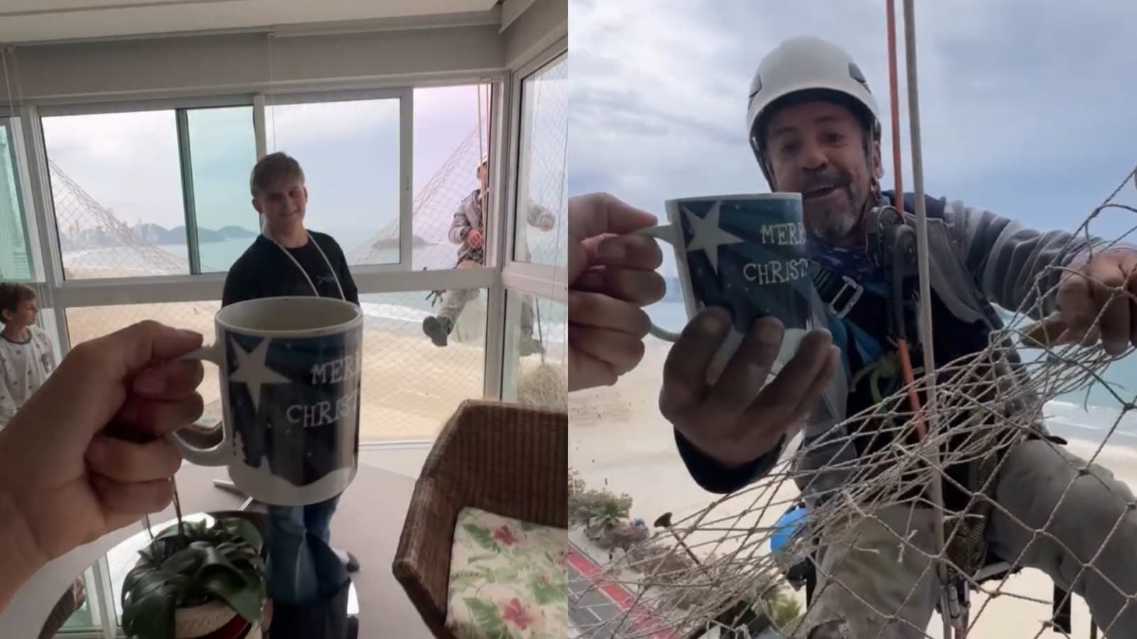 Mãe e filhos viralizam ao oferecer cafezinho a trabalhador pendurado em prédio de Balneário Camboriú