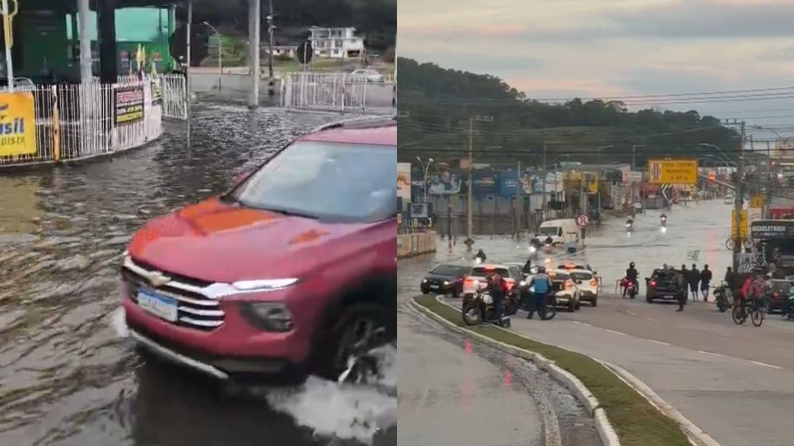 Maré alta invade as ruas em Florianópolis e deixa o trânsito caótico no Sul da Ilha
