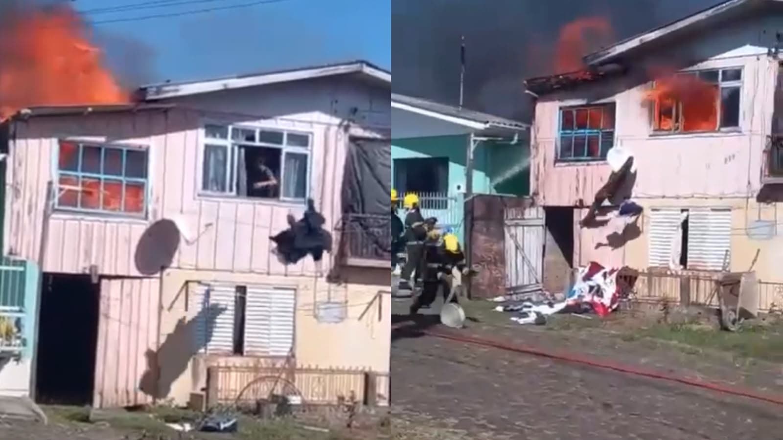 Morador se arrisca em meio ao fogo para tentar salvar pertences durante incêndio que destruiu casa em SC