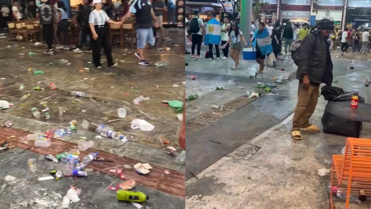 Torcedores argentinos deixam calçadão de Balneário Camboriú tomado por lixo após jogo da final da Copa