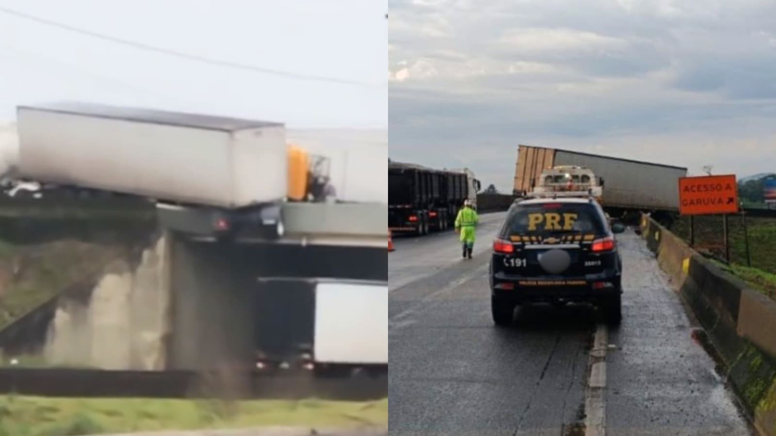 Trânsito volta a fluir na BR-101 após remoção de carreta pendurada no viaduto de Garuva